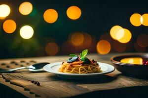 spaghetti with tomato sauce and basil on a plate. AI-Generated photo