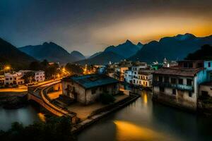 photo wallpaper the sky, mountains, river, village, china, the sky, the mountains. AI-Generated