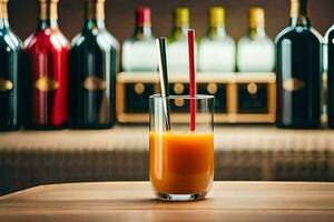 a glass of orange juice with a straw sitting on a table. AI-Generated photo