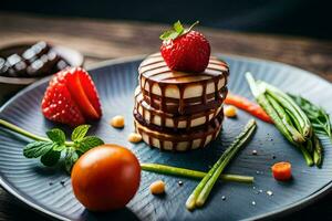 a plate with a strawberry, chocolate and vegetables. AI-Generated photo