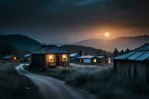 a small cabin in the middle of a field at night. AI-Generated photo