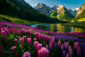 the flowers are blooming in the mountains and the lake is surrounded by purple flowers. AI-Generated photo