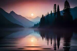 photo wallpaper the sky, mountains, trees, lake, the sun, mountains, water, the. AI-Generated