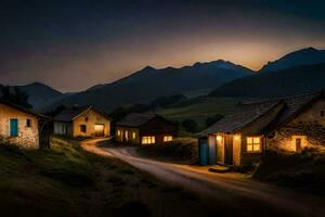 foto fondo de pantalla el cielo, montañas, camino, casas, el oscuro, el noche, el montañas. generado por ai