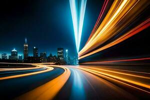 un ciudad horizonte a noche con ligero caminos. generado por ai foto