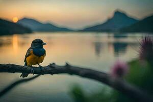 a bird sits on a branch in front of a lake. AI-Generated photo