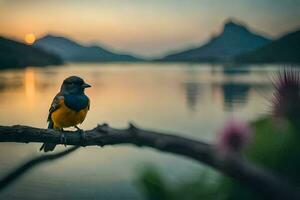 a bird sits on a branch in front of a lake. AI-Generated photo