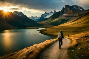 un hombre camina a lo largo un camino en el montañas. generado por ai foto