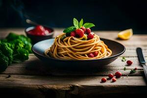 spaghetti with berries and herbs on a wooden table. AI-Generated photo