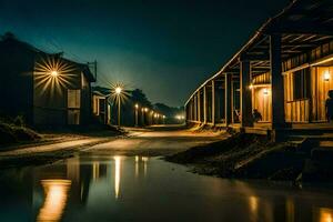a street at night with a few houses and a puddle. AI-Generated photo