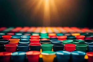 many colorful plastic cups are arranged in a row. AI-Generated photo