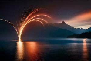 a long exposure photograph of a firework in the water. AI-Generated photo