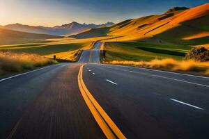 el la carretera a el puesta de sol. generado por ai foto