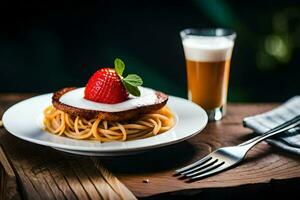 a plate with spaghetti and a strawberry on it. AI-Generated photo