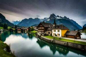 un lago y un montaña pueblo en el suizo Alpes. generado por ai foto