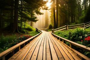 wooden path in the forest. AI-Generated photo