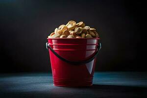 a red bucket filled with peanuts on a dark background. AI-Generated photo