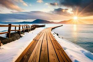 a wooden boardwalk leads to the ocean at sunset. AI-Generated photo