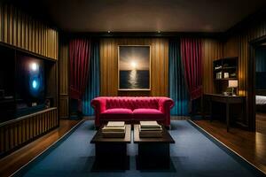 a living room with a pink couch and a blue table. AI-Generated photo