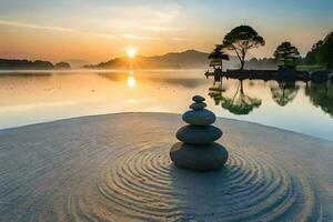 un apilar de piedras en el apuntalar de un lago a amanecer. generado por ai foto