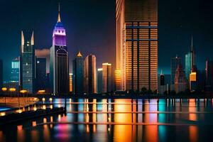 un ciudad horizonte a noche con luces reflejando en el agua. generado por ai foto