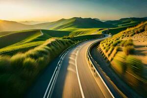 un largo exposición foto de un devanado la carretera en el montañas. generado por ai