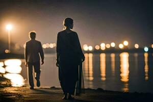 un Pareja caminando a lo largo el apuntalar a noche. generado por ai foto