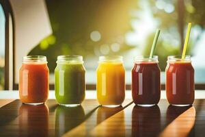 five different types of juices in jars. AI-Generated photo
