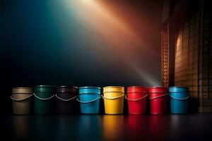 a row of colorful buckets in front of a building. AI-Generated photo