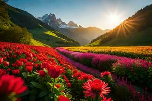 the sun shines over a field of flowers. AI-Generated photo