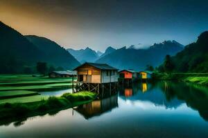 houses on stilts in the middle of a river. AI-Generated photo