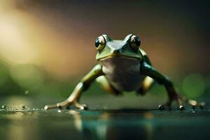 a frog is standing on a wet surface. AI-Generated photo