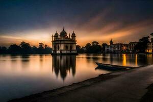 el lago palacio a puesta de sol en India. generado por ai foto