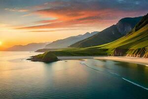 the sun sets over a beach and mountains. AI-Generated photo