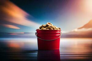 a red bucket filled with peanuts on a wooden table. AI-Generated photo