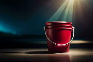 a red bucket on a dark floor with light shining from the top. AI-Generated photo