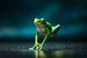 a frog is standing on its legs on a dark background. AI-Generated photo