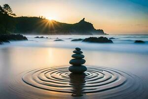 a stack of rocks on the beach at sunset. AI-Generated photo