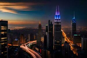 el ciudad horizonte a noche con el imperio estado edificio en el primer plano. generado por ai foto