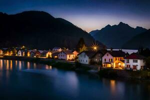 foto fondo de pantalla el cielo, montañas, agua, noche, el aldea, el lago, el montañas. generado por ai