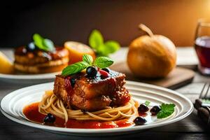a plate of spaghetti with meat and sauce on it. AI-Generated photo