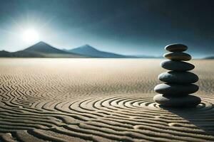 stacked stones in the desert with sun in the background. AI-Generated photo