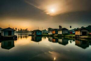 a beautiful sunrise over a lake with small houses. AI-Generated photo