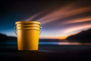 a yellow bucket sitting on the ground at sunset. AI-Generated photo