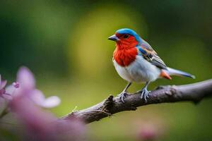 un vistoso pájaro se sienta en un rama. generado por ai foto