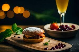 a sandwich with berries and a glass of champagne. AI-Generated photo