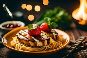 a plate of food with grilled chicken and strawberries. AI-Generated photo