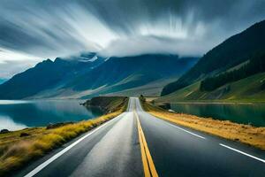 un largo la carretera con montañas en el antecedentes. generado por ai foto