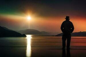 un hombre en pie en el apuntalar de un lago a puesta de sol. generado por ai foto