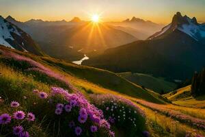 the sun rises over the mountains and flowers in the foreground. AI-Generated photo